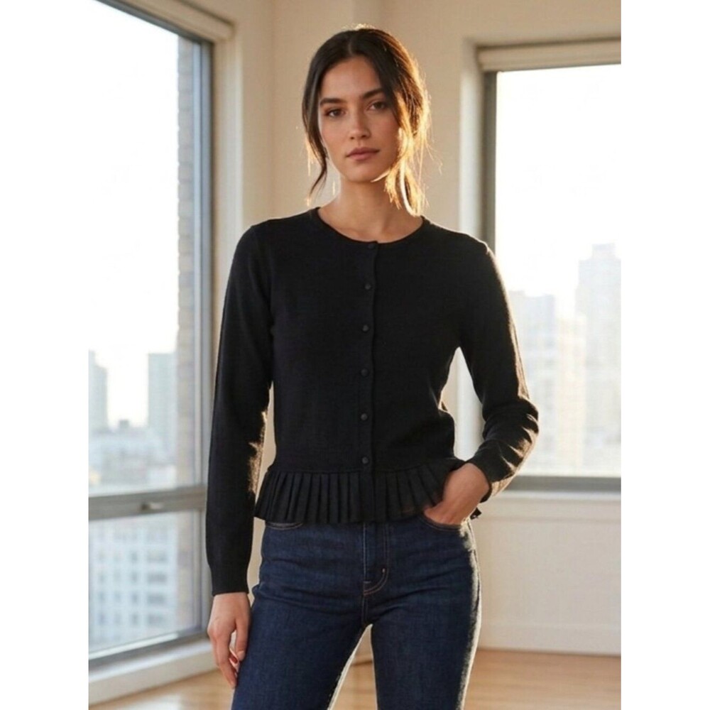 TWINSET black knit cardigan button down wool ruffle tulle office quiet luxury XS